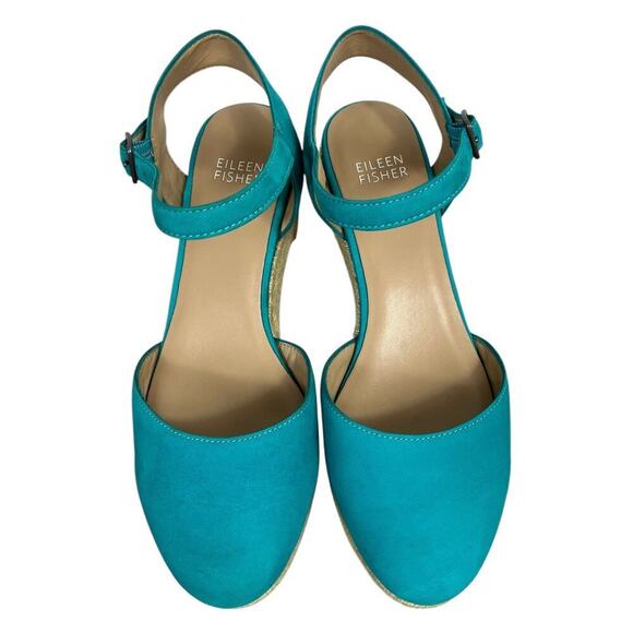 Eileen Fisher Form Suede Espadrille Wedge Sandals Teal Size 6.5 Beach Boho Chic - Picture 9 of 11